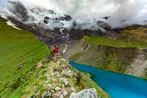 Cusco Prints: Woman trekking Humantay Lake, Cusco, Peru, South America