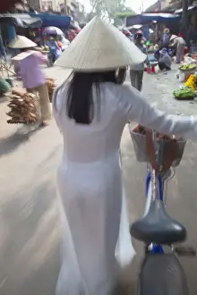 Wearing Prints: Woman wearing Ao Dai dress at Phouc Kien Assembly Hall