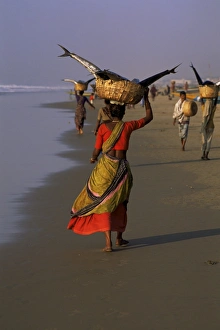 Women carrying fish catch to the market of fishing village