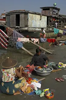 House Boat Prints: Women washing their laundry on bank of the Ayeryarwady (Irrawaddy) River