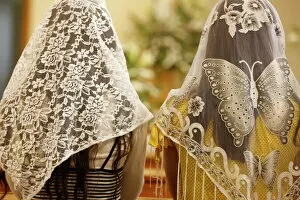 Images Dated 16th August 2007: Women wearing embroidered veils at Holy Mass, Beit Jala, West Bank, Palestine National Authority