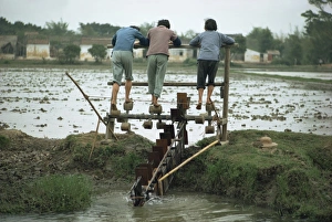 Irrigation Prints: Three women working irrigation mill, near Canton, China, Asia