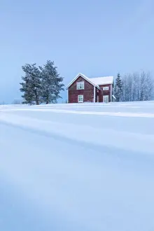 Sweden Prints: Wood house at dusk in the boreal forest (Taiga) covered with snow