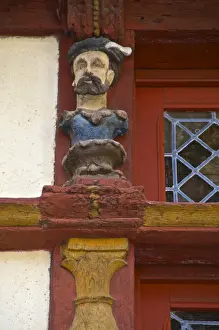 Detail of wood sculptures on the Keratry Mansion house dating from the 16th century, Old Town, Dinan, Brittany, Cotes d Armor, France, Europe