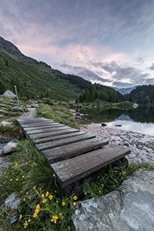 Graubunden Prints: Wood walkway on the shore of Lake Cavloc, Maloja Pass, Bregaglia Valley, Engadine