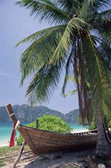 Ko Phi Phi Don Prints: Wooden boat beneath palm trees on beach