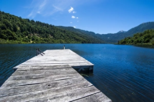 Southern Chile Prints: Wooden boat pier on Lago Tinquilco in the Huerquehue, southern Chile