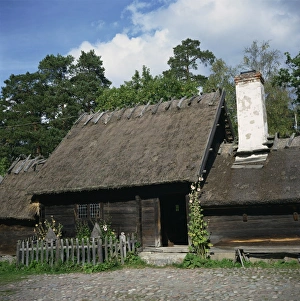 Single Storey Prints: Wooden building with thatched roof of the Oktorp farmstead