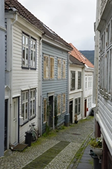 Lane Prints: Wooden buildings, Knosesmauet, Bergen, Hordaland, Norway, Scandinavia, Europe