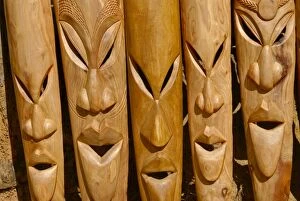 Wooden carved heads for sale, Nosy Be, Madagascar, Africa