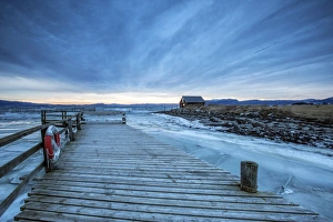 Trondelag Prints: The wooden deck in the icy sea, Kystensarv, Trondelag, Norway, Scandinavia, Europe