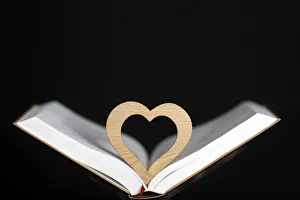 Black Background Prints: Wooden heart sculpture with a Bible, France, Europe