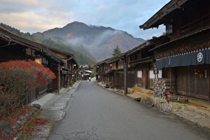 Traditionally Japanese Prints: Wooden houses of old post town, Tsumago, Kiso Valley Nakasendo, Central Honshu, Japan