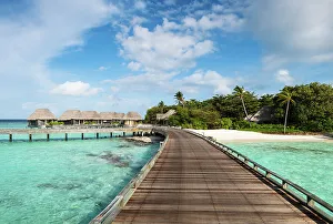 Dhoni Prints: A wooden jetty in a luxury resort, Baa Atoll, Maldives, Indian Ocean, Asia