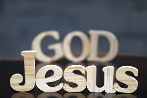 Wooden letters forming the words JESUS and GOD, Christian symbol, Vietnam, Indochina
