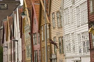 Wooden merchants buildings on the quayside of the Bryggen area, UNESCO World Heritage Site