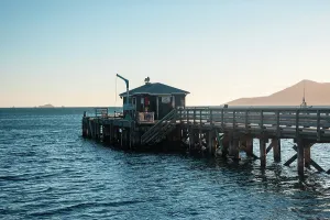 Zealand Prints: Wooden pier extending into water at sunset in Marlborough Sounds on South Island of New Zealand