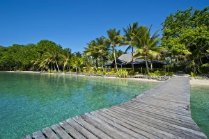 Images Dated 27th August 2008: Wooden pier leadin to a resort on Aore islet before the Island of Espiritu Santo, Vanuatu