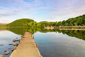 Wood Material Prints: Wooden Pier and steamer boat in background