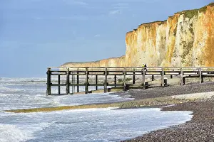 Coastal Cliffs Prints: Wooden pier, Veules-les-Roses, Vaucottes hanging valley