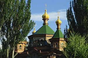 Karakol Prints: Wooden Russian Orthodox church, Kara-Kol, Kyrgyzstan, Central Asia, Asia