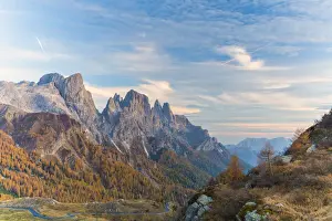 Mountain Pass Prints: Woods in autumn with Pala di San Martino and Cima Della Rosetta in background