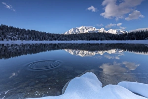 Ripples Prints: Woods and snowy peaks are reflected in the clear water of Lake Palu, Malenco Valley