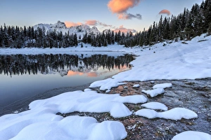 Mountain Peak Prints: Woods and snowy peaks are reflected in Lake Palu at sunrise, Malenco Valley, Valtellina
