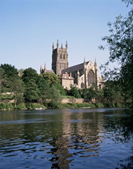Hereford Worcester Prints: Worcester Cathedral and the River Severn, Worcester, Hereford and Worcester
