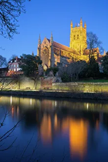 Lit Up Prints: Worcester Cathedral on the River Severn floodlit at dusk