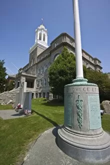 World War I and World War II on left, memorials outside the City Hall on Broadway in historic Newport, Rhode Island