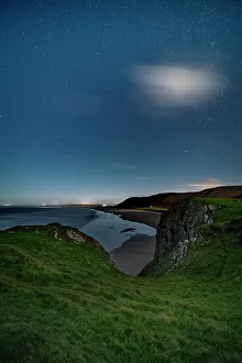 Gower Prints: Worms Head and Rhossili beach under moonlight, Gower, South Wales, United Kingdom, Europe