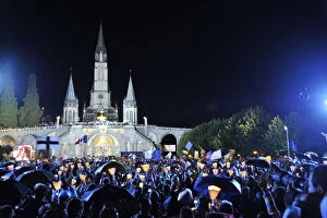 Images Dated 13th September 2008: Worshippers outside the Basilica during Pope Benedict XVIs visit to Lourdes
