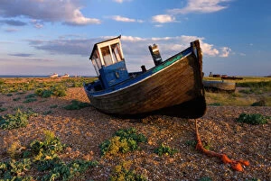 Wrecked fishing boat on shingle beach, Dungeness, Kent, England, United Kingdom, Europe