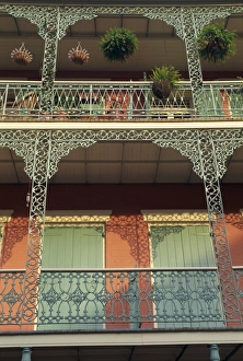 French Quarter Prints: Detail of wrought iron and wooden shutters on balconies