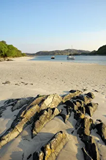 Yachting Prints: Yacht at anchor off a sandy beach at Morar, Highlands, Scotland, United Kingdom, Europe