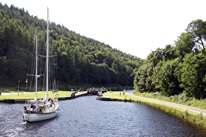 Water Ways Prints: Yacht approaching lock, Crinan Canal, Highlands, Scotland, United Kingdom, Europe