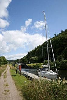 Water Ways Prints: Yacht moored in Crinan Canal, Highlands, Scotland, United Kingdom, Europe