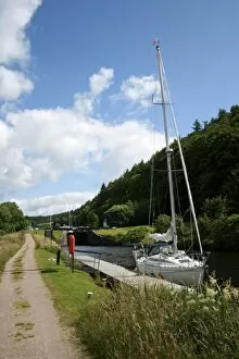 Yacht moored in Crinan Canal, Highlands, Scotland, United Kingdom, Europe
