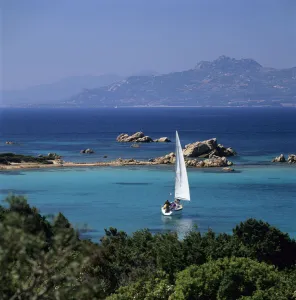 Costa Smeralda Prints: Yacht sailing on the Golfo di Arzachena, Costa Smeralda, Sardinia, Italy, Mediterranean