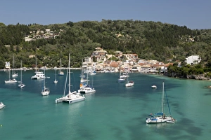 Yachts anchored in bay, Lakka, Paxos, Ionian Islands, Greek Islands, Greece, Europe