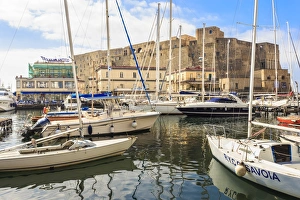 Mast Prints: Yachts in the Borgo Marinaro and Castel dell Ovo fortress, Chiaia, City of Naples
