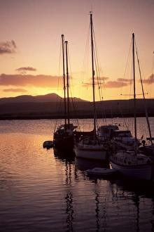 Yachts at sunset, Caleta de Fustes, Fuerteventura, Canary Islands, Spain, Europe