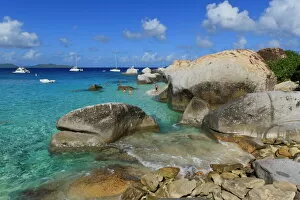 Yachts, swimmers and granite rocks, The Baths, Virgin Gorda, British Virgin Islands (BVI), West Indies, Caribbean