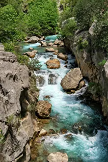 Antalya Prints: Yazili canyon waterfall flows between rocks near Antalya in Turkey