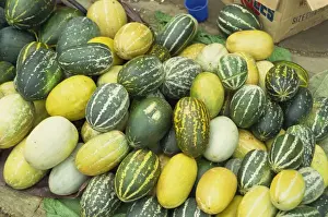 Street Vendor Prints: Yellow, green and speckled melons piled up for sale in Chiang Mai