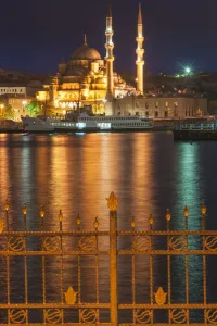 Traditionally Turkish Prints: Yeni Cami (New Mosque) at night, Istanbul Old City, Turkey, Europe