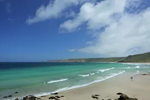 Cornwall Gallery: Young couple on beach at Sennen Cove in summer sunshine, West Penwith, Cornwall