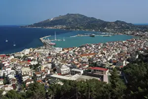 Zakynthos Prints: Zakynthos Town panorama with orange roof tiles low-rise buildings around the harbour