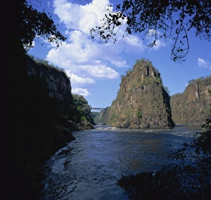Zambezi River and bridge from bend at second and third gorges, Victoria Falls